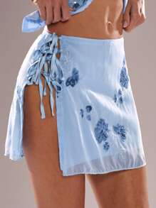 SHEIN BAE Váy ngắn giản dị thêu hoa thời trang xuân hè cho nữ, thích hợp mặc đi chơi & đi nghỉ/đi biển/váy mùa hè dễ thương - Màu xanh nhạt - Xem 7