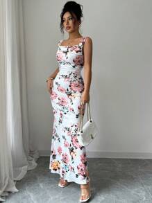 Elenzga Women's Floral Print Pleated Square Neck Sleeveless Dress