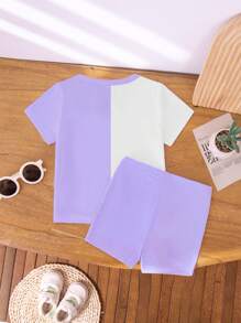 Bộ đồ thời trang cho bé gái mới biết đi, hoạt hình sáng tạo dễ thương màu xanh lam, tách trà sữa Boba & họa tiết Alpaca, khối màu, áo ngắn tay cơ bản, đơn giản & quần short biker - Nhiều màu - Xem 2