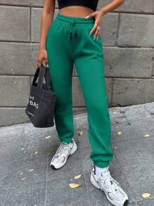 SHEIN Cottnline Women's Solid Color Drawstring Waist Sweatpants - Green - View 3