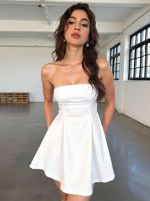 INAWLY Nuevo vestido de moda de unicolor con hombros descubiertos, para primavera/verano - Blanco - Ver 3