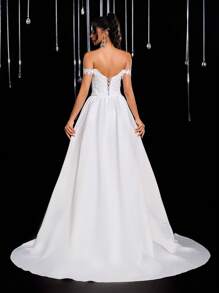 Glamrae 优雅奢华的露肩白色连衣裙，饰有精美亮片，高腰修身美人鱼轮廓，配有可拆卸的超长缎面裙裾，可调节后背带，适合海滩、草坪、教堂婚礼，百搭新娘礼服 - 白色 - 查看 4