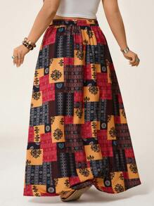 SHEIN LUNE Plus Size All-Over Print Casual Vacation Retro Fashion Drawstring Waist Skirt Summer Country Concert Beach Vacation Elegant Skirt For Women Teacher - Multicolor - View 3