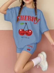 Set de 2 piezas de camiseta de manga corta holgada y leggings casuales y sencillos para adolescentes, apropiado para el verano