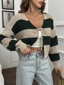 EURMUSE Women's Casual Striped Tie Front Detailed Bow Tie V Neck Long Sleeve Loose Fit Cardigan Winter Crop Cardigan Women Striped Cardigan Cute Fall Winter Styles Cropped Cardigan Knit Top Sweater Top Knitted Tops Women's Summer Sweaters - Beige - View 7