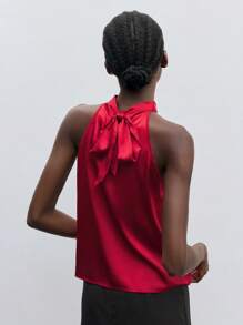 Maija Tie-Up Satin Halter Neck Cold-Shoulder Blouse Top