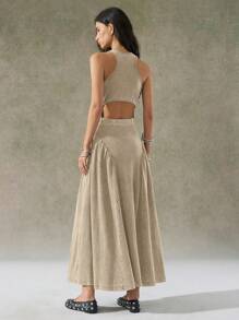LYSMO 2025 New Arrival Women Summer Khaki Distressed Wash Racerback Long Dress