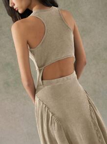 LYSMO 2025 New Arrival Women Summer Khaki Distressed Wash Racerback Long Dress