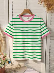Sparklyn 女童条纹印花圆领短袖宽松绿色休闲基本款T恤，夏季 - 白色 - 查看 3