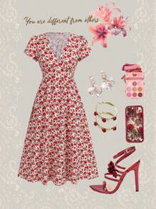 Ellevyn Vestido elegante de cintura ceñida con estampado de rosas fruncidas