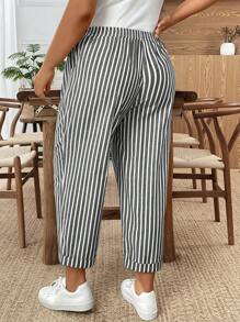 SHEIN PETITE 大码女式条纹口袋休闲哈伦裤 - 黑與白 - 查看 2