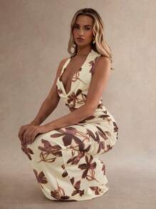 Glamine 性感垂坠领花卉印花长裙，适合海滩度假、夏秋女装返校季 - 黃色 - 查看 5