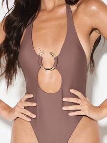 KIZN Monokini 蛇环装饰连体泳衣高腰巴西海滩奢华夏季沙滩装度假泳池 - 棕色 - 查看 6