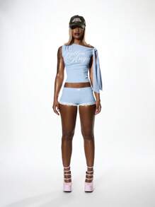 SUMWON WOMEN 堕落天使图案不对称领带上衣休闲夏日节日女士不对称设计街头服饰上衣 - 淺藍色 - 查看 3