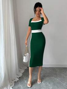 Elenzga Color Block Form-Fitting Square Neck Elegant Short Sleeve Women Dress