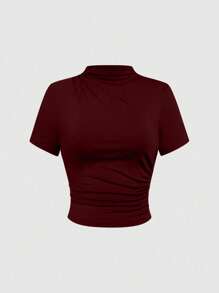 Velvienne 2pcs/Set Women's Commute Ruched Knit Burgundy Short Sleeve Top And Loose Long Skirt Set, Plus Size, Spring/Summer