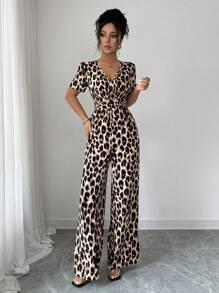 Elenzga Ladies' Elegant Vacation And Casual Summer Leopard Print Jumpsuit