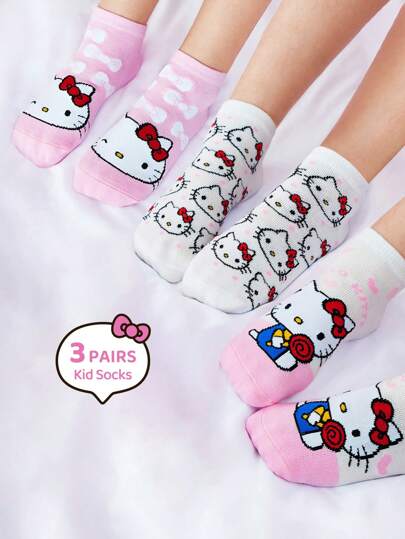 HELLO KITTY AND FRIENDS | SHEIN 3 Pairs Cotton Cute Cartoon Girl Children Breathable Soft Elastic Ankle Socks, Reinforced Toe & Heel For Durable Wear, Suitable For School & Everyday, Pink & White, All Season