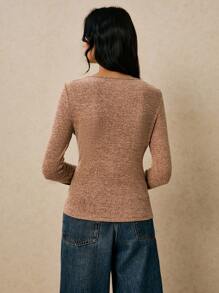 Poéselle Women's Solid Color Metal Decor Hollow Out Design Long Sleeve Fitted T-Shirt, Women Knit Top With Buckle, Women Western Knit Top