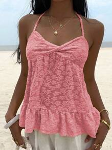 Sunnyshic Solid Color Lace Patchwork Twist Front Camisole Tank Top, Fashionable Summer - Pink - View 4