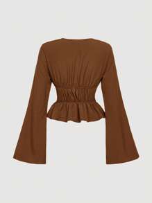 SHEIN MOD Blusa con mangas acampanadas y nudo delantero para mujer, disfraces calados, disfraz de diablo, vintage, top de pirata, hippie, blusas para salir - Marrón - Ver 2