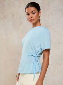 COSMINA Women Summer Solid Color Tie Waist Short Sleeve Casual T-Shirt