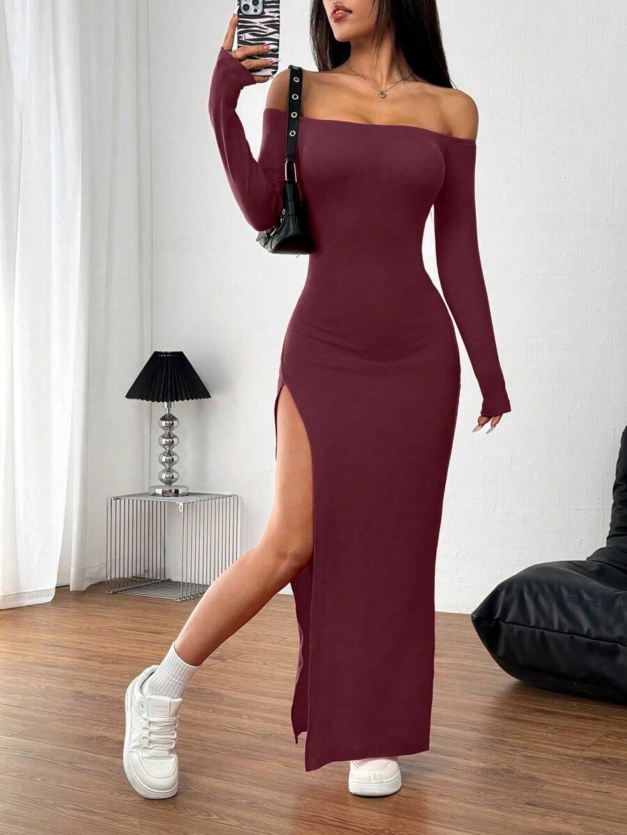 INAWLY 红色性感露肩高开衩长裙 - 酒紅色 - 查看 1