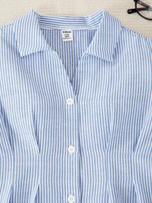 SHEIN Striped Button Front Short Sleeve Casual Shirt, Lantern Sleeve, Bowknot Ruched Waist A-Line Flattering Style, Suitable For Teen Girls, Commuting And Vacation In Summer Blue And White Striped Shirt Girls Blue Striped Shirt Teen Girl Summer Shirt