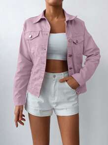 RueChic 98%Cotton Flap Pocket Button Front Denim Jacket - Baby Pink - View 5
