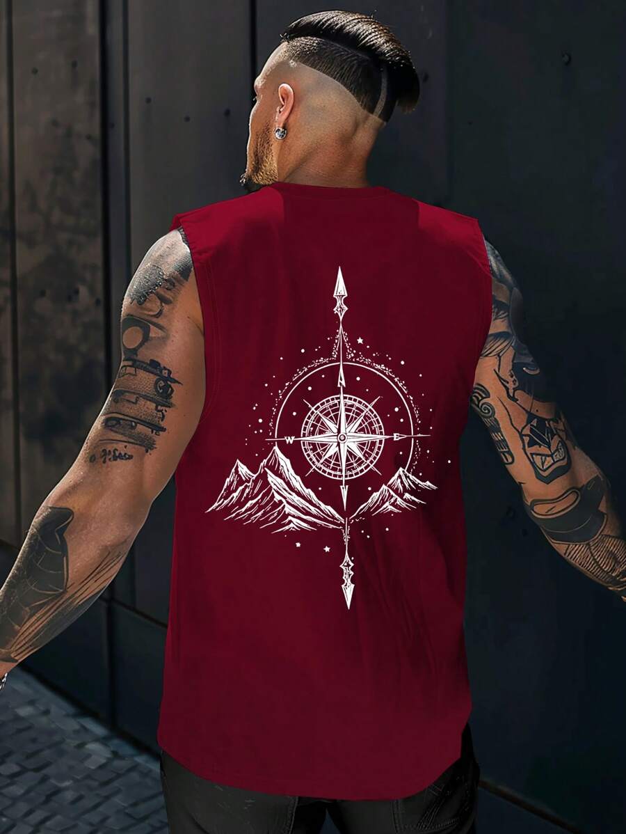 Manfinity LEGND Men's Casual Compass And Mountain Print Tank Top For Summer Men Sleeveless Graphic Tee Sleeveless Shirt Men Streetwear, 2000s Style - Burgundy - View 1