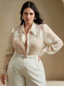 Anewsta 刺绣铆钉设计感衬衫 - 杏色 - 查看 4