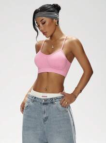 SHEIN Sovereign Charm Sujetador deportivo para mujer sin costuras y elástico, de estilo fashionable - Rosa - Ver 7