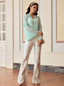 MOTF PREMIUM Women Floral Patchwork Pleated Flare Sleeve Shirt - Green - View 5