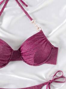 Swim SXY 女士假日纯色紧身性感细肩带露背亮片面料聚拢上衣和侧系带泳裤优雅休闲沙滩两件套泳衣