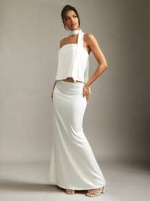 Hauture Conjunto de top bandeaux sin tirantes y falda larga de estilo informal y oficina de verano sexy