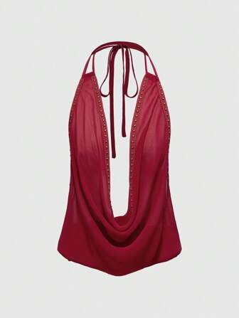 Grunge Punk Top camisero de mujer con cuello drapeado profundo y espalda descubierta en estilo vintage sexy
