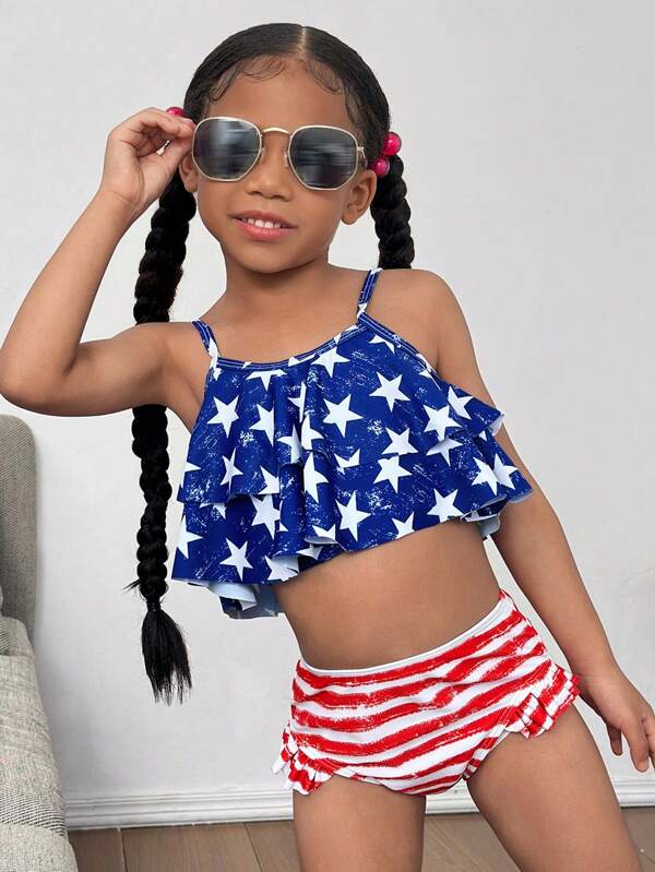 SHEIN 2件套少女针织星空荷叶边分体泳衣和短裤