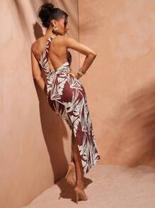 Hauture 女士性感夏日度假外出印花亚麻棕色棕榈叶长裙 - 棕色 - 查看 6