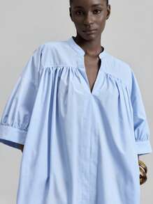 Ontre Blusa de hombro caído de unicolor simple con cuello en V para mujer, Top básica, uso casual de oficina de negocios