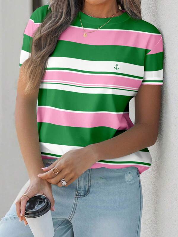 SHEIN LUNE Plus Size Pink & Green Striped Print Casual Minimalist Summer T-Shirt