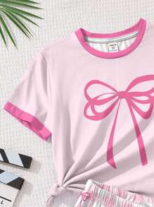 SHEIN 2pcs Tween Girl Pink Bowknot & Plaid Print Casual Short Sleeve Top & Shorts Set, Summer - Multicolor - View 4