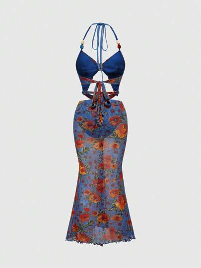 Fairycore Vacation Style Floral Print Sexy Multi-Layer Halter Neck Women Dress