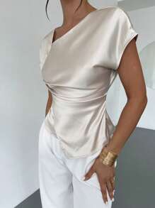 Firerie 新款香槟色缎面褶皱修身优雅衬衫，真丝质感上衣/适合工作和休闲穿着/夏装/可爱的夏季上衣/节日服装/女士教师装/女士夏装/办公室商务装 - 杏色 - 查看 8