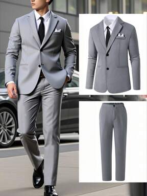 2pcs/Set Teen Boys Gentleman Outfit Includes Slim-Fit Gray Blazer Jacket + Formal Pants, Elegant, Casual Outdoor Personalized Suit Suitable For Birthday Party, Formal Events, Wedding, Wedding Guest, Pageboy, Ring Boy