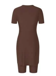 Swim Mulvari 全新夏季女式圆领短袖连衣裙，荷叶边下摆和海星装饰 + 纯色休闲度假 5 分钟短裤比基尼套装 - 棕色 - 查看 5