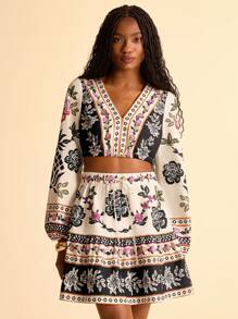 CAJUNI 女式波西米亚风复古热带花卉印花夏季假日休闲系腰荷叶边迷你裙，适合约会、野餐 - 彩色 - 查看 3