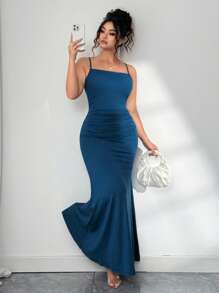 Elenzga Plus Size Elegant Sexy Backless Ruched Slim Fit Bodycon Dress - Teal Blue - View 8