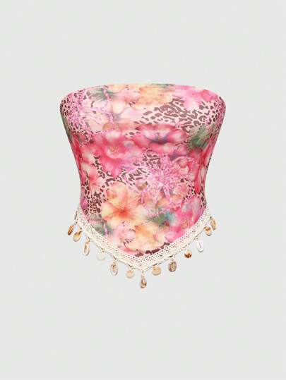 ROMWE Avant Y2K Style Hibiscus Rhinestone Shell Tasseled Sexy Halter Tank Top For Women