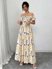 Rafferiza 女士度假浪漫杏色花朵优雅碎花褶皱泡泡袖收腰 A 字休闲节日情人节场合蝴蝶结后背吊带连衣裙露肩多种穿着风格春夏新品毕业春季连衣裙海滩女士服装太阳开衩长款连衣裙 - 彩色 - 查看 3