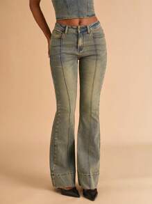 SHEIN BAE Quần Jeans Denim Ống Loe Thiết Kế Túi Cho Nữ Đa Năng Thường Ngày - Rửa nhẹ - Xem 1